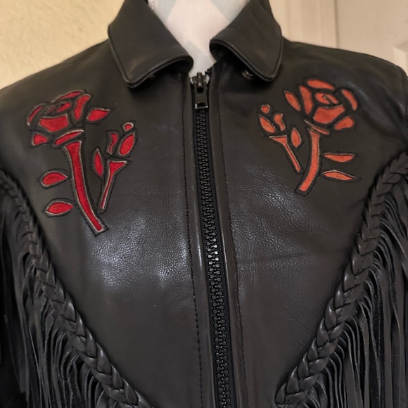 Black Fringe Leather Biker Jacket with Cut Out Rose Details - Picture 6 of 16